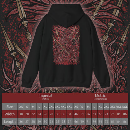 Size chart of a Hooded Sweatshirt of the Everdark Balancers from Elden Ring Nightreign, showing the crimson-stained Salvation's Standard-Bearers gathered around their enormous worm-like final form. Blood covers the battlefield while pale floral armor, heroic weapons, and twisted wing-like shapes emerge from the darkness. The dramatic composition emphasizes the grotesque transformation, Everdark corruption, and terrifying scale of the Nightlord encounter.