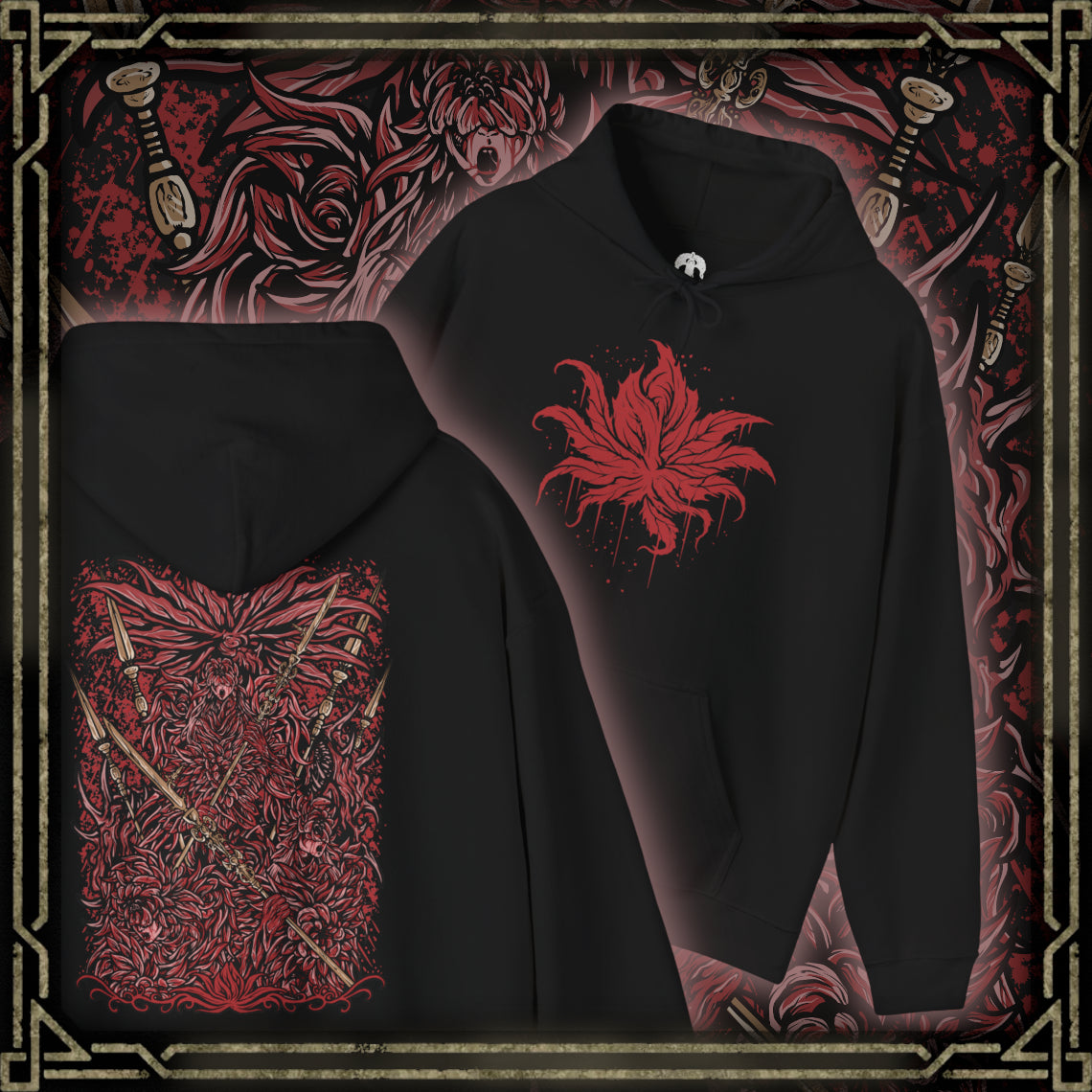 Thumbnail of a Hooded Sweatshirt of the Everdark Balancers from Elden Ring Nightreign, showing the crimson-stained Salvation's Standard-Bearers gathered around their enormous worm-like final form. Blood covers the battlefield while pale floral armor, heroic weapons, and twisted wing-like shapes emerge from the darkness. The dramatic composition emphasizes the grotesque transformation, Everdark corruption, and terrifying scale of the Nightlord encounter.