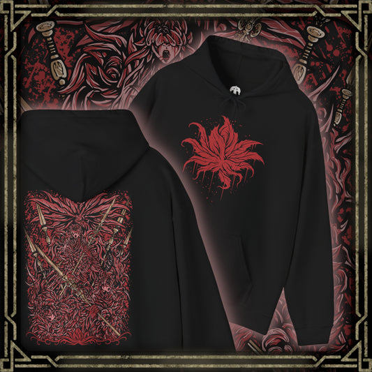 Thumbnail of a Hooded Sweatshirt of the Everdark Balancers from Elden Ring Nightreign, showing the crimson-stained Salvation's Standard-Bearers gathered around their enormous worm-like final form. Blood covers the battlefield while pale floral armor, heroic weapons, and twisted wing-like shapes emerge from the darkness. The dramatic composition emphasizes the grotesque transformation, Everdark corruption, and terrifying scale of the Nightlord encounter.