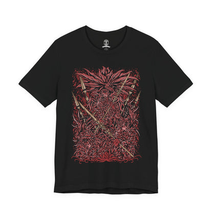 Image 4 of a T-Shirt design of the Everdark Balancers from Elden Ring Nightreign, depicting the blood-soaked Salvation's Standard-Bearers standing together beneath a dark Everdark sky. Their pale floral armor is stained crimson as their weapons and wing-like forms create an eerie battlefield silhouette. Blood, twisted energy, and monstrous shapes surround the seven warriors, emphasizing their transformation into a terrifying Everdark Sovereign.