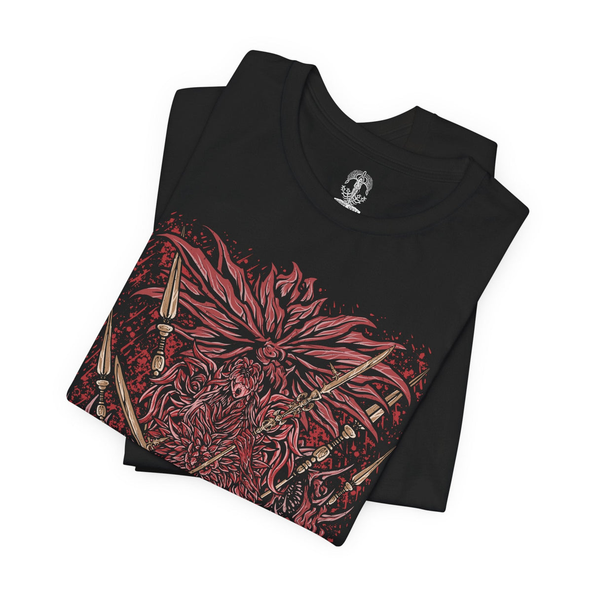 Image 5 of a T-Shirt design of the Everdark Balancers from Elden Ring Nightreign, depicting the blood-soaked Salvation's Standard-Bearers standing together beneath a dark Everdark sky. Their pale floral armor is stained crimson as their weapons and wing-like forms create an eerie battlefield silhouette. Blood, twisted energy, and monstrous shapes surround the seven warriors, emphasizing their transformation into a terrifying Everdark Sovereign.