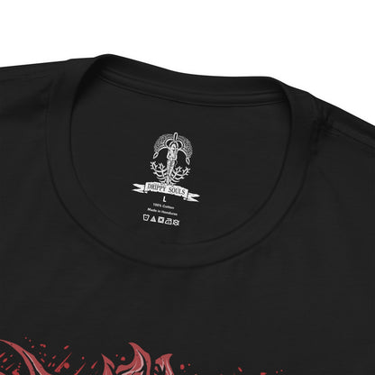 Folded T-Shirt design of the Everdark Balancers from Elden Ring Nightreign, depicting the blood-soaked Salvation's Standard-Bearers standing together beneath a dark Everdark sky. Their pale floral armor is stained crimson as their weapons and wing-like forms create an eerie battlefield silhouette. Blood, twisted energy, and monstrous shapes surround the seven warriors, emphasizing their transformation into a terrifying Everdark Sovereign.