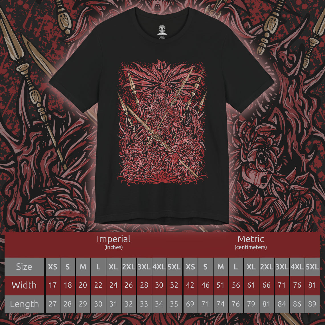 Size chart of a T-Shirt design of the Everdark Balancers from Elden Ring Nightreign, depicting the blood-soaked Salvation's Standard-Bearers standing together beneath a dark Everdark sky. Their pale floral armor is stained crimson as their weapons and wing-like forms create an eerie battlefield silhouette. Blood, twisted energy, and monstrous shapes surround the seven warriors, emphasizing their transformation into a terrifying Everdark Sovereign.