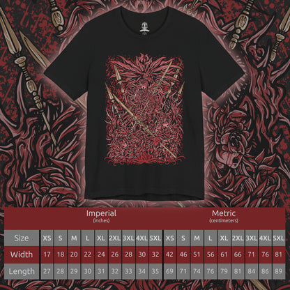 Size chart of a T-Shirt design of the Everdark Balancers from Elden Ring Nightreign, depicting the blood-soaked Salvation's Standard-Bearers standing together beneath a dark Everdark sky. Their pale floral armor is stained crimson as their weapons and wing-like forms create an eerie battlefield silhouette. Blood, twisted energy, and monstrous shapes surround the seven warriors, emphasizing their transformation into a terrifying Everdark Sovereign.
