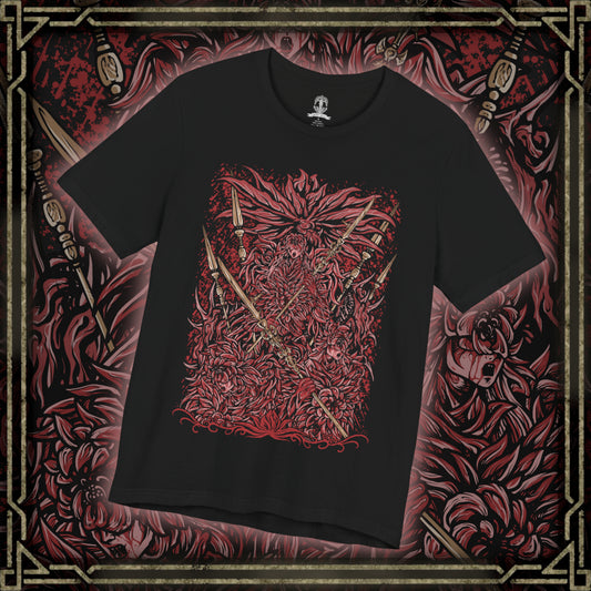 Thumbnail of a T-Shirt design of the Everdark Balancers from Elden Ring Nightreign, depicting the blood-soaked Salvation's Standard-Bearers standing together beneath a dark Everdark sky. Their pale floral armor is stained crimson as their weapons and wing-like forms create an eerie battlefield silhouette. Blood, twisted energy, and monstrous shapes surround the seven warriors, emphasizing their transformation into a terrifying Everdark Sovereign.