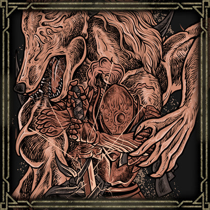 Artwork of Executor. A former Crucible Knight from the Land of Reeds, Executor became a condemned soul after his fall from grace. His body, fused with pieces of armor, stands as a reminder of his punishment—and his refusal to break.