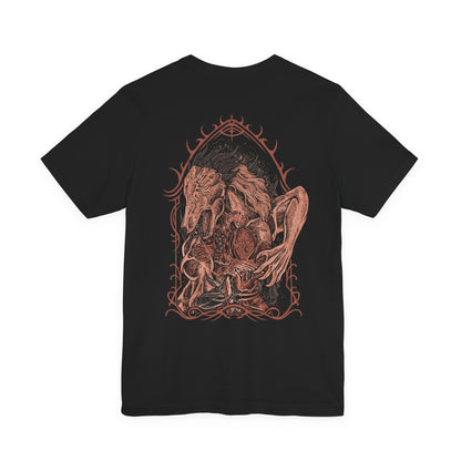 Image 5 of a T-shirt design of Executor from Elden Ring Nightreign, a fallen Crucible warrior and Nightfarer poised in a tense stance as shadows stretch across Limveld. His armor-bound form appears scarred and unyielding, while his cursed katana gleams with ominous power, reflecting his unmatched dexterity and deadly precision in single combat.