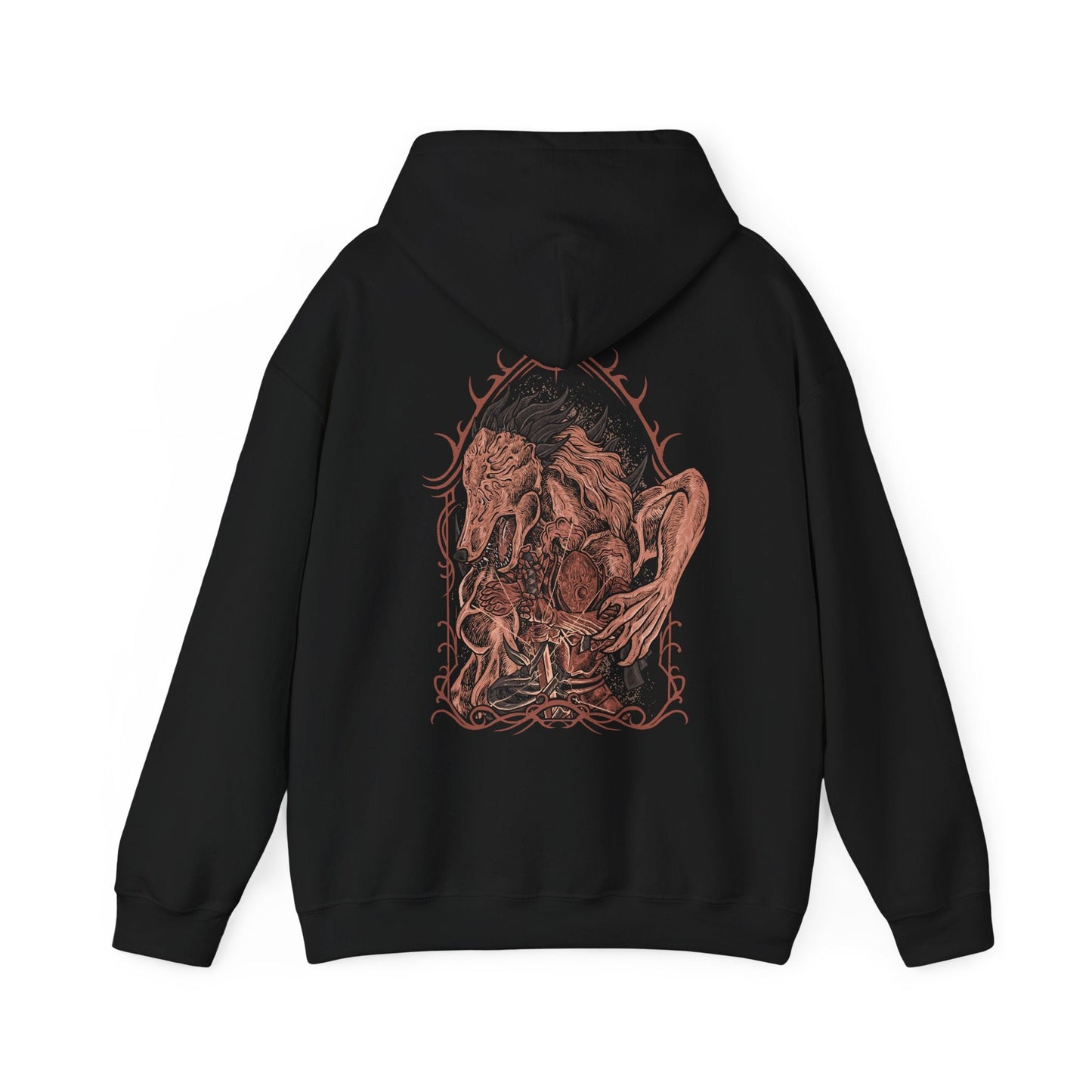 Image 5 of a Hooded Sweatshirt of Executor from Elden Ring Nightreign, a condemned knight with armor fused to his body, standing alone against the looming darkness of Limveld. His cursed katana radiates subtle arcane energy as he prepares for battle, embodying a fearsome warrior driven by skill, punishment, and the mission to defeat the Night Lord.