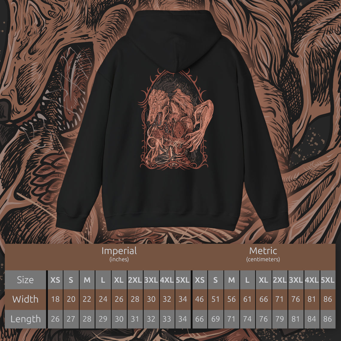 Size chart of a Hooded Sweatshirt of Executor from Elden Ring Nightreign, a condemned knight with armor fused to his body, standing alone against the looming darkness of Limveld. His cursed katana radiates subtle arcane energy as he prepares for battle, embodying a fearsome warrior driven by skill, punishment, and the mission to defeat the Night Lord.