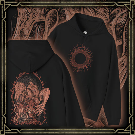 Thumbnail of a Hooded Sweatshirt of Executor from Elden Ring Nightreign, a condemned knight with armor fused to his body, standing alone against the looming darkness of Limveld. His cursed katana radiates subtle arcane energy as he prepares for battle, embodying a fearsome warrior driven by skill, punishment, and the mission to defeat the Night Lord.