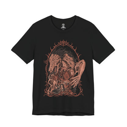 Image 4 of a T-shirt design of Executor from Elden Ring Nightreign, a condemned Crucible Knight from the Land of Reeds with a body fused to fragments of armor, standing beneath a darkened sky in Limveld. He grips a cursed katana as faint arcane energy pulses along its blade, capturing a relentless duelist who lives for one-on-one combat and savors every battle.