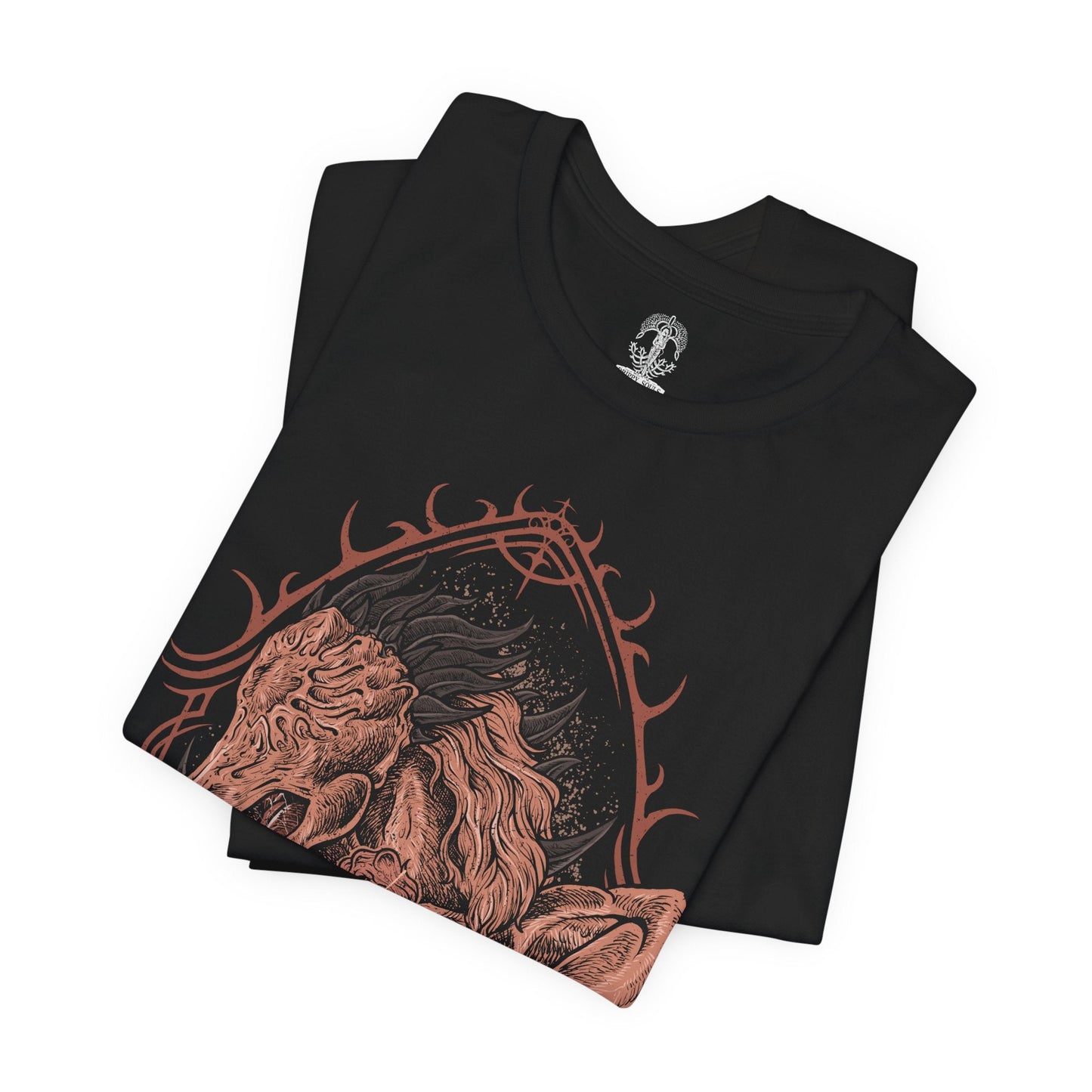 Image 5 of a T-shirt design of Executor from Elden Ring Nightreign, a condemned Crucible Knight from the Land of Reeds with a body fused to fragments of armor, standing beneath a darkened sky in Limveld. He grips a cursed katana as faint arcane energy pulses along its blade, capturing a relentless duelist who lives for one-on-one combat and savors every battle.