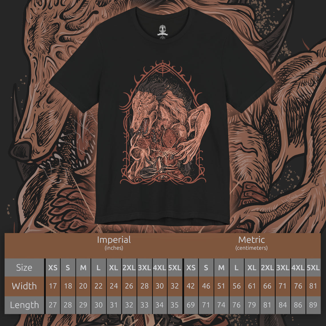 Size chart of a T-shirt design of Executor from Elden Ring Nightreign, a condemned Crucible Knight from the Land of Reeds with a body fused to fragments of armor, standing beneath a darkened sky in Limveld. He grips a cursed katana as faint arcane energy pulses along its blade, capturing a relentless duelist who lives for one-on-one combat and savors every battle.
