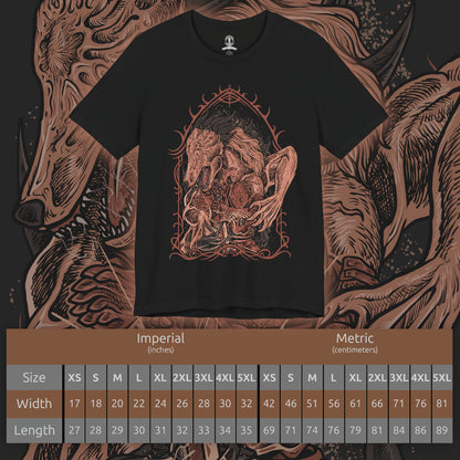 Size chart of a T-shirt design of Executor from Elden Ring Nightreign, a condemned Crucible Knight from the Land of Reeds with a body fused to fragments of armor, standing beneath a darkened sky in Limveld. He grips a cursed katana as faint arcane energy pulses along its blade, capturing a relentless duelist who lives for one-on-one combat and savors every battle.
