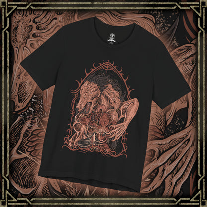 Thumbnail of a T-shirt design of Executor from Elden Ring Nightreign, a condemned Crucible Knight from the Land of Reeds with a body fused to fragments of armor, standing beneath a darkened sky in Limveld. He grips a cursed katana as faint arcane energy pulses along its blade, capturing a relentless duelist who lives for one-on-one combat and savors every battle.