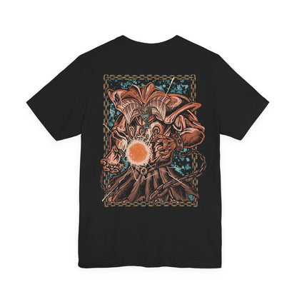 Image 5 of a T-Shirt artwork depicting Exodia the Forbidden One awakening as his five legendary pieces come together, surrounded by ancient runes, glowing chains, and waves of supernatural energy. His enormous fists and horns dominate the composition while darkness swirls behind him. This design reflects the sealed monster's immense power and the legendary strategy of assembling all five pieces to achieve victory.
