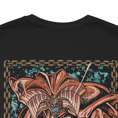 Image 7 of a T-Shirt artwork depicting Exodia the Forbidden One awakening as his five legendary pieces come together, surrounded by ancient runes, glowing chains, and waves of supernatural energy. His enormous fists and horns dominate the composition while darkness swirls behind him. This design reflects the sealed monster's immense power and the legendary strategy of assembling all five pieces to achieve victory.