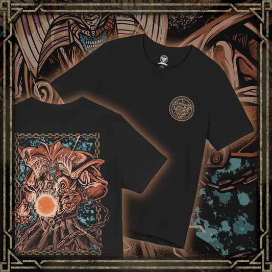 Thumbnail of a T-Shirt artwork depicting Exodia the Forbidden One awakening as his five legendary pieces come together, surrounded by ancient runes, glowing chains, and waves of supernatural energy. His enormous fists and horns dominate the composition while darkness swirls behind him. This design reflects the sealed monster's immense power and the legendary strategy of assembling all five pieces to achieve victory.