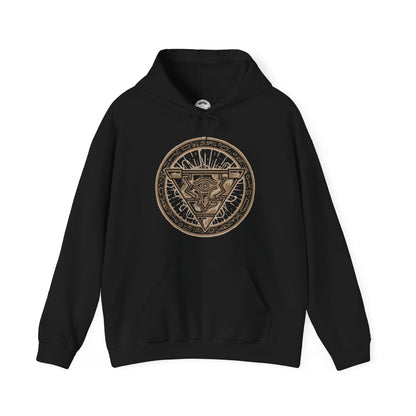 Image 4 of a Hooded Sweatshirt of Exodia the Forbidden One unleashing his full power after the five pieces are assembled, with golden energy exploding across an ancient magical arena. His imposing body rises through smoke and mystical symbols while the battlefield trembles beneath him. The composition emphasizes forbidden magic, absolute power, and the legendary status of Exodia as one of Yu-Gi-Oh!'s most recognizable monsters.