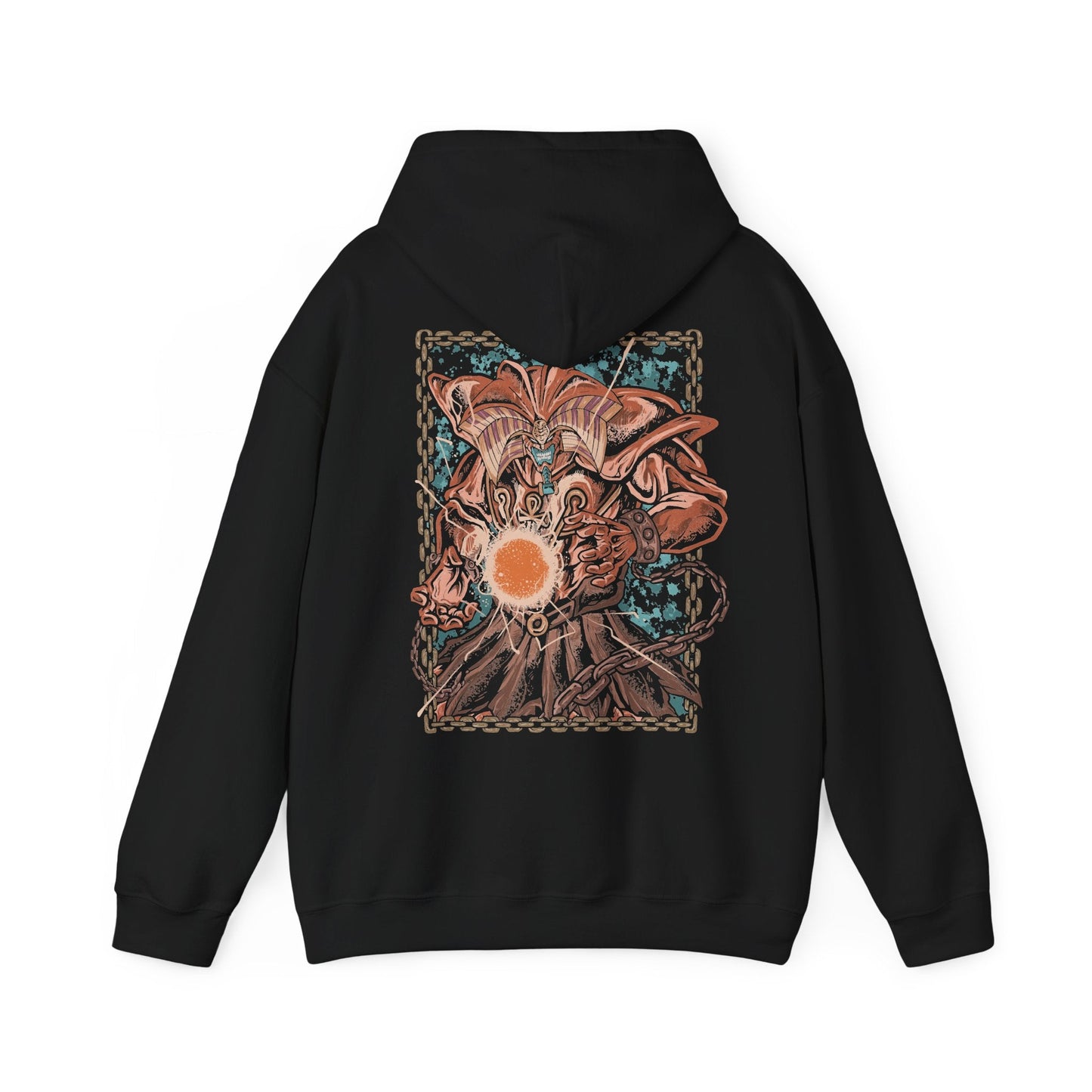 Image 5 of a Hooded Sweatshirt of Exodia the Forbidden One unleashing his full power after the five pieces are assembled, with golden energy exploding across an ancient magical arena. His imposing body rises through smoke and mystical symbols while the battlefield trembles beneath him. The composition emphasizes forbidden magic, absolute power, and the legendary status of Exodia as one of Yu-Gi-Oh!'s most recognizable monsters.