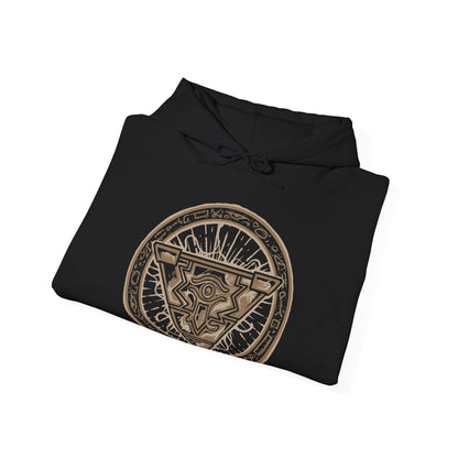 Image 6 of a Hooded Sweatshirt of Exodia the Forbidden One unleashing his full power after the five pieces are assembled, with golden energy exploding across an ancient magical arena. His imposing body rises through smoke and mystical symbols while the battlefield trembles beneath him. The composition emphasizes forbidden magic, absolute power, and the legendary status of Exodia as one of Yu-Gi-Oh!'s most recognizable monsters.