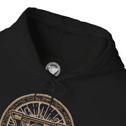 Folded Hooded Sweatshirt of Exodia the Forbidden One unleashing his full power after the five pieces are assembled, with golden energy exploding across an ancient magical arena. His imposing body rises through smoke and mystical symbols while the battlefield trembles beneath him. The composition emphasizes forbidden magic, absolute power, and the legendary status of Exodia as one of Yu-Gi-Oh!'s most recognizable monsters.