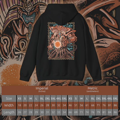 Size chart of a Hooded Sweatshirt of Exodia the Forbidden One unleashing his full power after the five pieces are assembled, with golden energy exploding across an ancient magical arena. His imposing body rises through smoke and mystical symbols while the battlefield trembles beneath him. The composition emphasizes forbidden magic, absolute power, and the legendary status of Exodia as one of Yu-Gi-Oh!'s most recognizable monsters.