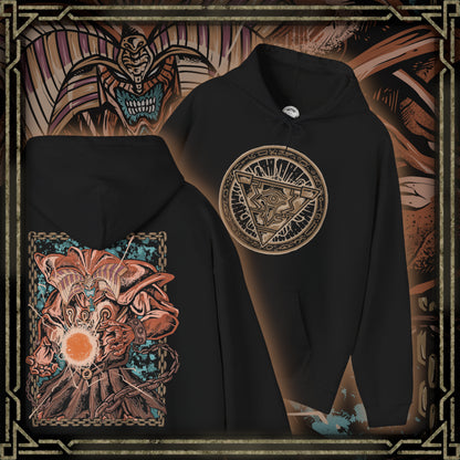 Thumbnail of a Hooded Sweatshirt of Exodia the Forbidden One unleashing his full power after the five pieces are assembled, with golden energy exploding across an ancient magical arena. His imposing body rises through smoke and mystical symbols while the battlefield trembles beneath him. The composition emphasizes forbidden magic, absolute power, and the legendary status of Exodia as one of Yu-Gi-Oh!'s most recognizable monsters.