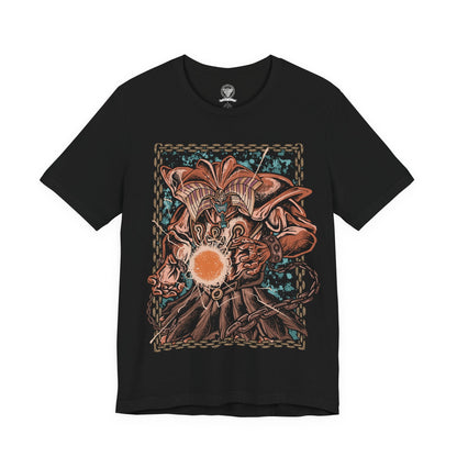 Image 4 of a T-Shirt design of Exodia the Forbidden One from Yu-Gi-Oh!, standing amid a storm of ancient magical energy with all five forbidden pieces united. Exodia's massive demonic form towers over a shattered battlefield as golden symbols and mystical power surround him. The design captures the legendary instant-win condition, forbidden power, and overwhelming presence of one of the most iconic monsters in the Yu-Gi-Oh! universe.