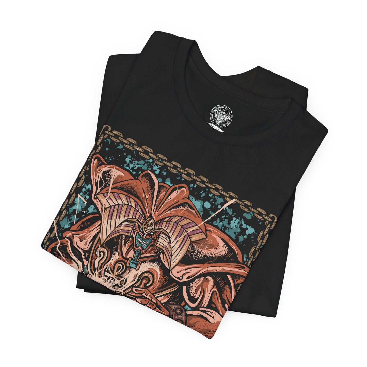 Image 5 of a T-Shirt design of Exodia the Forbidden One from Yu-Gi-Oh!, standing amid a storm of ancient magical energy with all five forbidden pieces united. Exodia's massive demonic form towers over a shattered battlefield as golden symbols and mystical power surround him. The design captures the legendary instant-win condition, forbidden power, and overwhelming presence of one of the most iconic monsters in the Yu-Gi-Oh! universe.