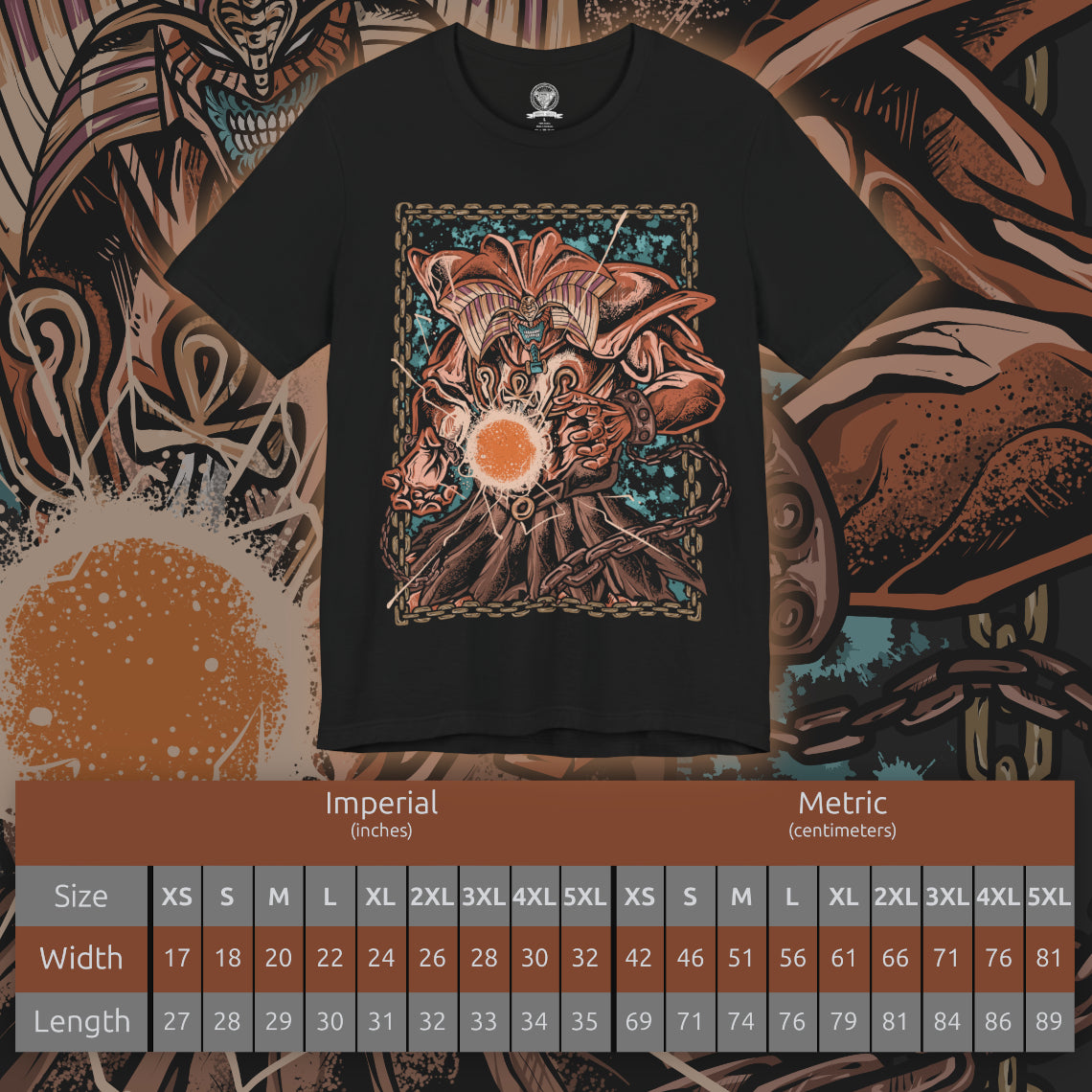 Size chart of a T-Shirt design of Exodia the Forbidden One from Yu-Gi-Oh!, standing amid a storm of ancient magical energy with all five forbidden pieces united. Exodia's massive demonic form towers over a shattered battlefield as golden symbols and mystical power surround him. The design captures the legendary instant-win condition, forbidden power, and overwhelming presence of one of the most iconic monsters in the Yu-Gi-Oh! universe.