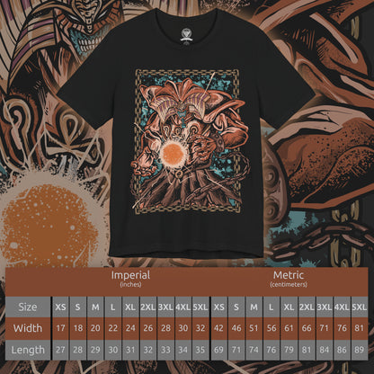 Size chart of a T-Shirt design of Exodia the Forbidden One from Yu-Gi-Oh!, standing amid a storm of ancient magical energy with all five forbidden pieces united. Exodia's massive demonic form towers over a shattered battlefield as golden symbols and mystical power surround him. The design captures the legendary instant-win condition, forbidden power, and overwhelming presence of one of the most iconic monsters in the Yu-Gi-Oh! universe.