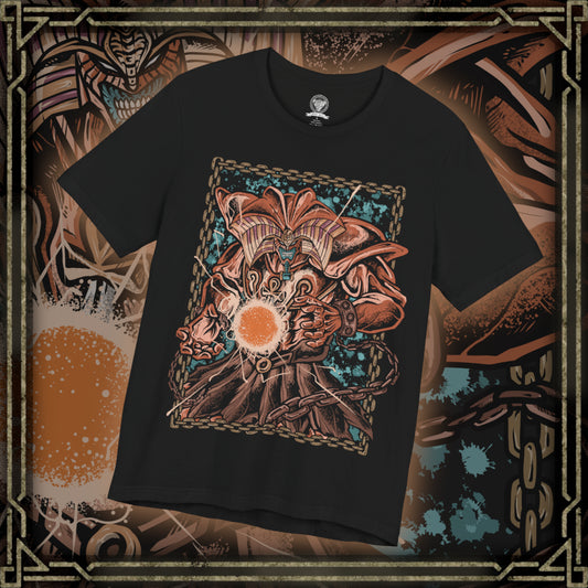 Thumbnail of a T-Shirt design of Exodia the Forbidden One from Yu-Gi-Oh!, standing amid a storm of ancient magical energy with all five forbidden pieces united. Exodia's massive demonic form towers over a shattered battlefield as golden symbols and mystical power surround him. The design captures the legendary instant-win condition, forbidden power, and overwhelming presence of one of the most iconic monsters in the Yu-Gi-Oh! universe.