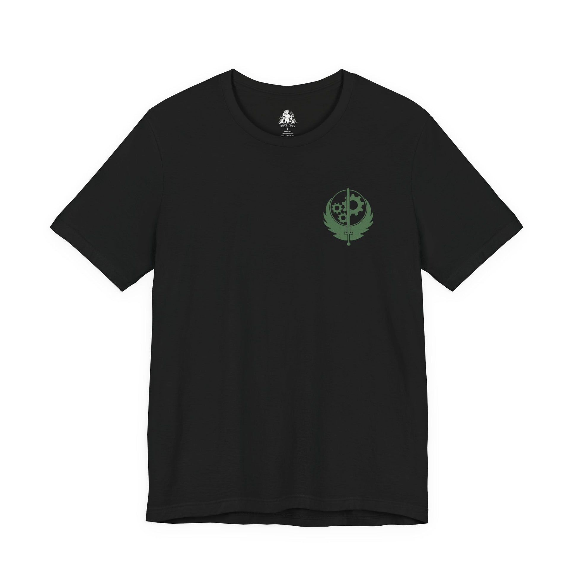 Image 4 of a T-Shirt artwork depicting Brotherhood of Steel soldiers advancing through the radioactive ruins of the Capital Wasteland, laser rifles at the ready as Liberty Prime towers in the distance. Rubble, destroyed vehicles, and abandoned monuments surround the battlefield, emphasizing the harsh realities of the post-nuclear world. The design reflects duty, technological superiority, and the struggle to restore order amid the chaos.