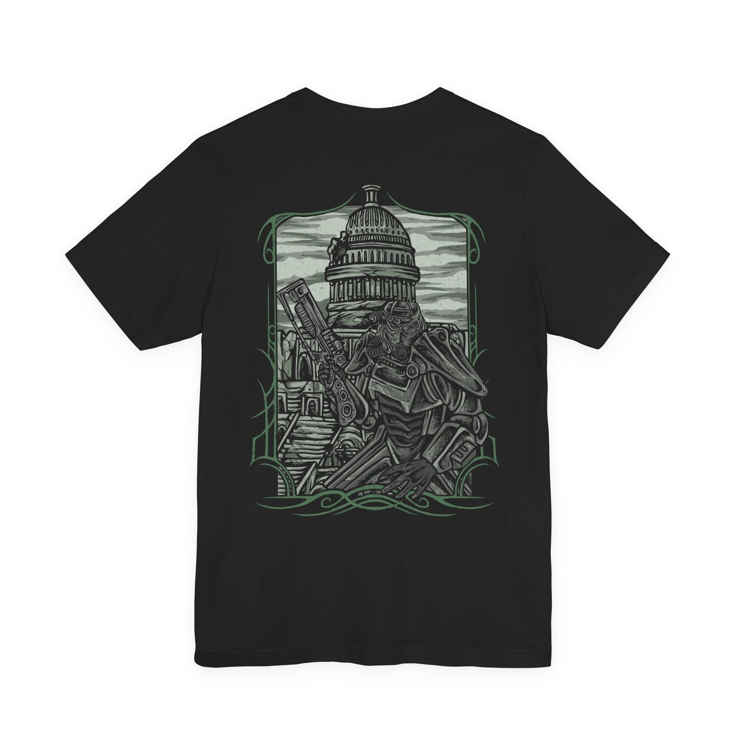 Image 5 of a T-Shirt artwork depicting Brotherhood of Steel soldiers advancing through the radioactive ruins of the Capital Wasteland, laser rifles at the ready as Liberty Prime towers in the distance. Rubble, destroyed vehicles, and abandoned monuments surround the battlefield, emphasizing the harsh realities of the post-nuclear world. The design reflects duty, technological superiority, and the struggle to restore order amid the chaos.