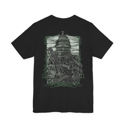 Image 5 of a T-Shirt artwork depicting Brotherhood of Steel soldiers advancing through the radioactive ruins of the Capital Wasteland, laser rifles at the ready as Liberty Prime towers in the distance. Rubble, destroyed vehicles, and abandoned monuments surround the battlefield, emphasizing the harsh realities of the post-nuclear world. The design reflects duty, technological superiority, and the struggle to restore order amid the chaos.