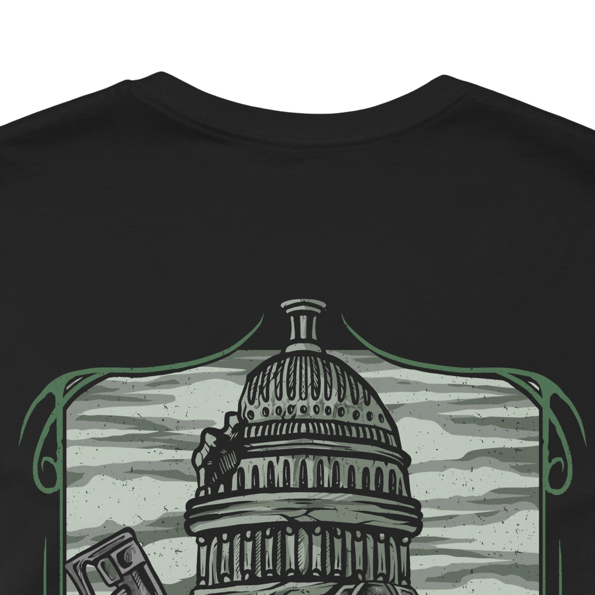 Image 7 of a T-Shirt artwork depicting Brotherhood of Steel soldiers advancing through the radioactive ruins of the Capital Wasteland, laser rifles at the ready as Liberty Prime towers in the distance. Rubble, destroyed vehicles, and abandoned monuments surround the battlefield, emphasizing the harsh realities of the post-nuclear world. The design reflects duty, technological superiority, and the struggle to restore order amid the chaos.