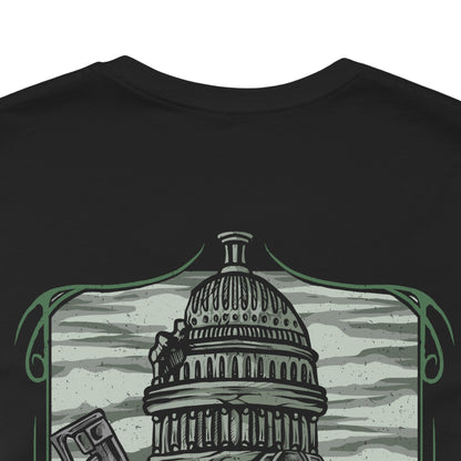 Image 7 of a T-Shirt artwork depicting Brotherhood of Steel soldiers advancing through the radioactive ruins of the Capital Wasteland, laser rifles at the ready as Liberty Prime towers in the distance. Rubble, destroyed vehicles, and abandoned monuments surround the battlefield, emphasizing the harsh realities of the post-nuclear world. The design reflects duty, technological superiority, and the struggle to restore order amid the chaos.