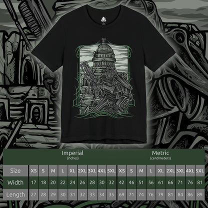 Size chart of a T-Shirt artwork depicting Brotherhood of Steel soldiers advancing through the radioactive ruins of the Capital Wasteland, laser rifles at the ready as Liberty Prime towers in the distance. Rubble, destroyed vehicles, and abandoned monuments surround the battlefield, emphasizing the harsh realities of the post-nuclear world. The design reflects duty, technological superiority, and the struggle to restore order amid the chaos.