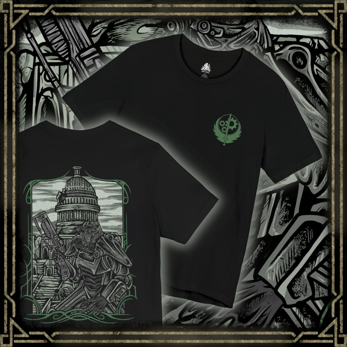 Thumbnail of a T-Shirt artwork depicting Brotherhood of Steel soldiers advancing through the radioactive ruins of the Capital Wasteland, laser rifles at the ready as Liberty Prime towers in the distance. Rubble, destroyed vehicles, and abandoned monuments surround the battlefield, emphasizing the harsh realities of the post-nuclear world. The design reflects duty, technological superiority, and the struggle to restore order amid the chaos.
