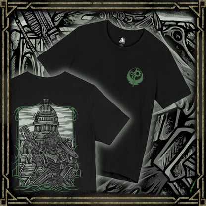 Thumbnail of a T-Shirt artwork depicting Brotherhood of Steel soldiers advancing through the radioactive ruins of the Capital Wasteland, laser rifles at the ready as Liberty Prime towers in the distance. Rubble, destroyed vehicles, and abandoned monuments surround the battlefield, emphasizing the harsh realities of the post-nuclear world. The design reflects duty, technological superiority, and the struggle to restore order amid the chaos.
