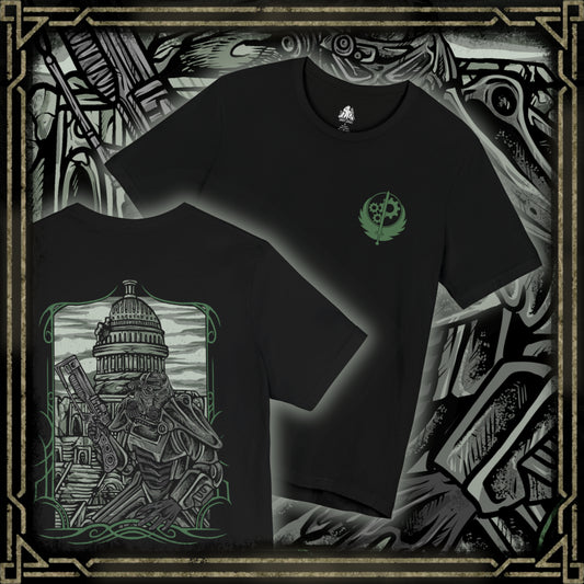 Thumbnail of a T-Shirt artwork depicting Brotherhood of Steel soldiers advancing through the radioactive ruins of the Capital Wasteland, laser rifles at the ready as Liberty Prime towers in the distance. Rubble, destroyed vehicles, and abandoned monuments surround the battlefield, emphasizing the harsh realities of the post-nuclear world. The design reflects duty, technological superiority, and the struggle to restore order amid the chaos.