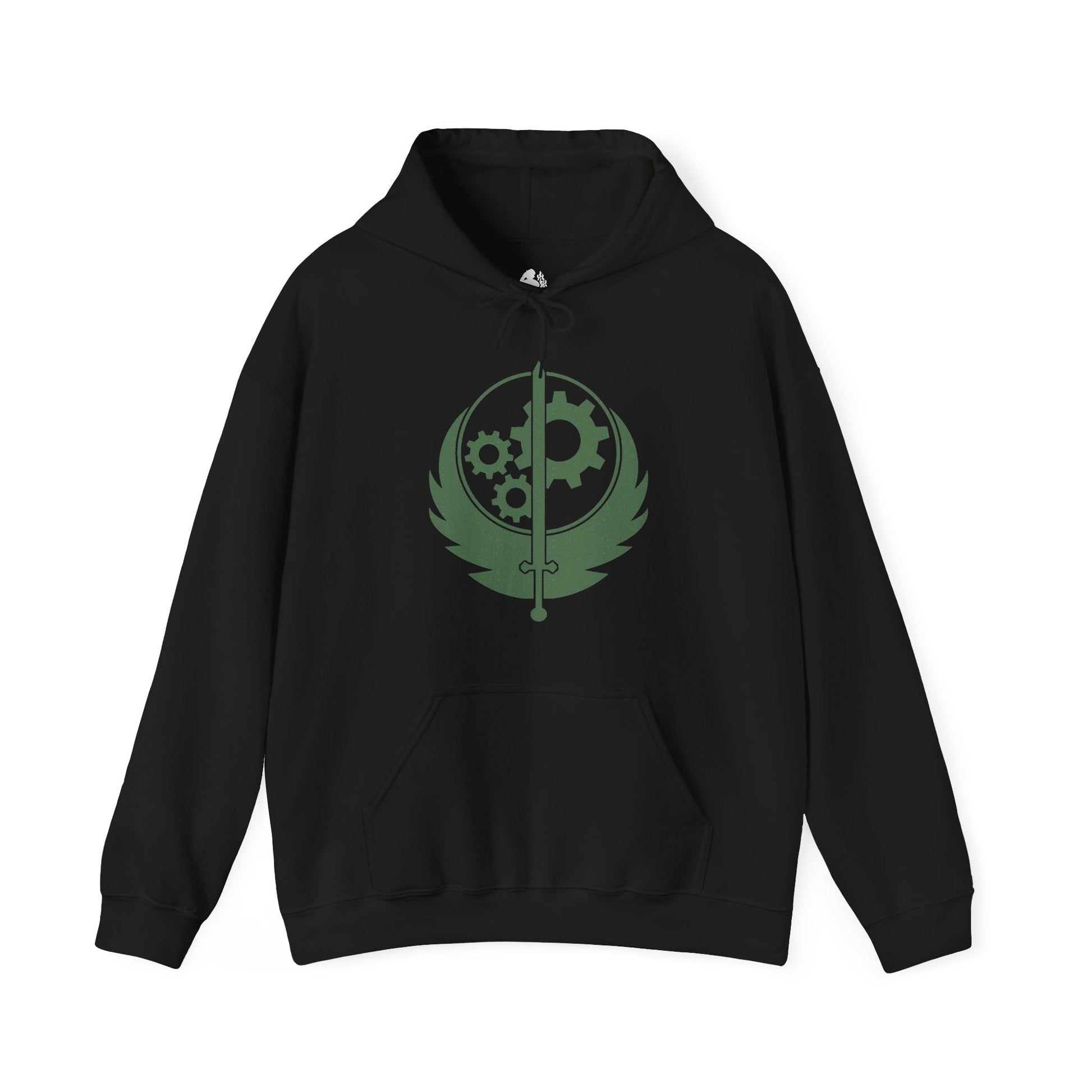 Image 4 of a Hooded Sweatshirt of a Brotherhood of Steel Paladin standing before the Citadel in full T-45d Power Armor, framed by rusted wreckage and the scorched remains of Washington, D.C. The Brotherhood banner flies proudly as green wasteland skies stretch across the horizon. The composition emphasizes resilience, military discipline, and the enduring legacy of one of Fallout 3’s most iconic factions.