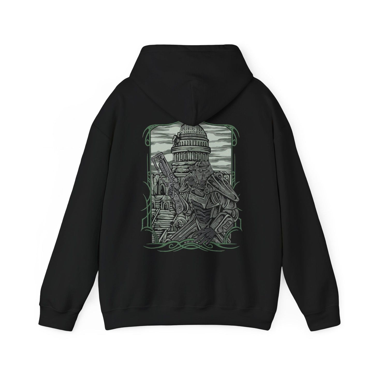 Image 5 of a Hooded Sweatshirt of a Brotherhood of Steel Paladin standing before the Citadel in full T-45d Power Armor, framed by rusted wreckage and the scorched remains of Washington, D.C. The Brotherhood banner flies proudly as green wasteland skies stretch across the horizon. The composition emphasizes resilience, military discipline, and the enduring legacy of one of Fallout 3’s most iconic factions.