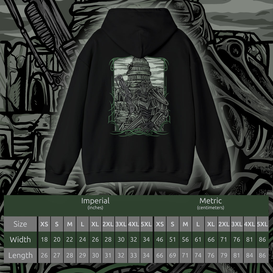 Size chart of a Hooded Sweatshirt of a Brotherhood of Steel Paladin standing before the Citadel in full T-45d Power Armor, framed by rusted wreckage and the scorched remains of Washington, D.C. The Brotherhood banner flies proudly as green wasteland skies stretch across the horizon. The composition emphasizes resilience, military discipline, and the enduring legacy of one of Fallout 3’s most iconic factions.