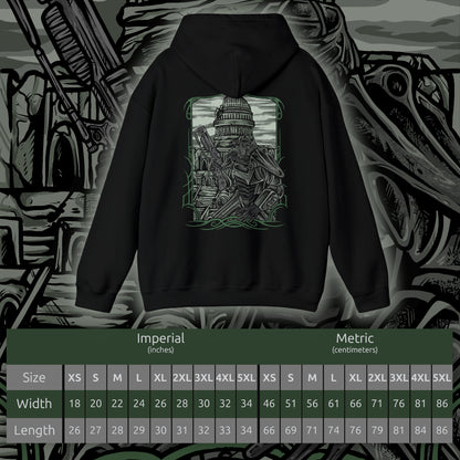 Size chart of a Hooded Sweatshirt of a Brotherhood of Steel Paladin standing before the Citadel in full T-45d Power Armor, framed by rusted wreckage and the scorched remains of Washington, D.C. The Brotherhood banner flies proudly as green wasteland skies stretch across the horizon. The composition emphasizes resilience, military discipline, and the enduring legacy of one of Fallout 3’s most iconic factions.