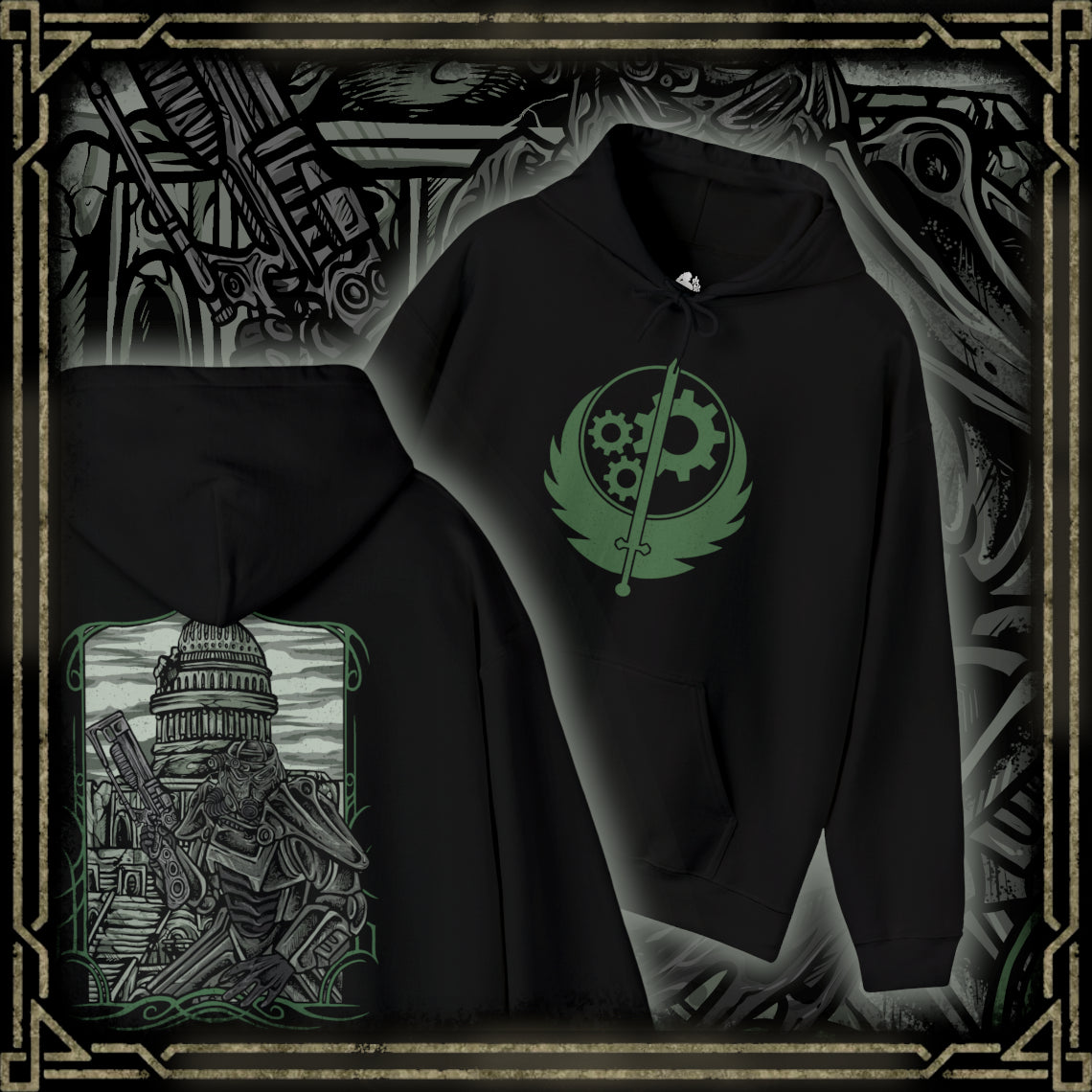 Thumbnail of a Hooded Sweatshirt of a Brotherhood of Steel Paladin standing before the Citadel in full T-45d Power Armor, framed by rusted wreckage and the scorched remains of Washington, D.C. The Brotherhood banner flies proudly as green wasteland skies stretch across the horizon. The composition emphasizes resilience, military discipline, and the enduring legacy of one of Fallout 3’s most iconic factions.