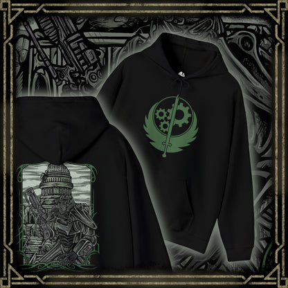 Thumbnail of a Hooded Sweatshirt of a Brotherhood of Steel Paladin standing before the Citadel in full T-45d Power Armor, framed by rusted wreckage and the scorched remains of Washington, D.C. The Brotherhood banner flies proudly as green wasteland skies stretch across the horizon. The composition emphasizes resilience, military discipline, and the enduring legacy of one of Fallout 3’s most iconic factions.