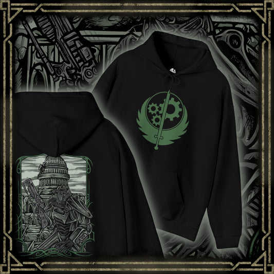 Thumbnail of a Hooded Sweatshirt of a Brotherhood of Steel Paladin standing before the Citadel in full T-45d Power Armor, framed by rusted wreckage and the scorched remains of Washington, D.C. The Brotherhood banner flies proudly as green wasteland skies stretch across the horizon. The composition emphasizes resilience, military discipline, and the enduring legacy of one of Fallout 3’s most iconic factions.