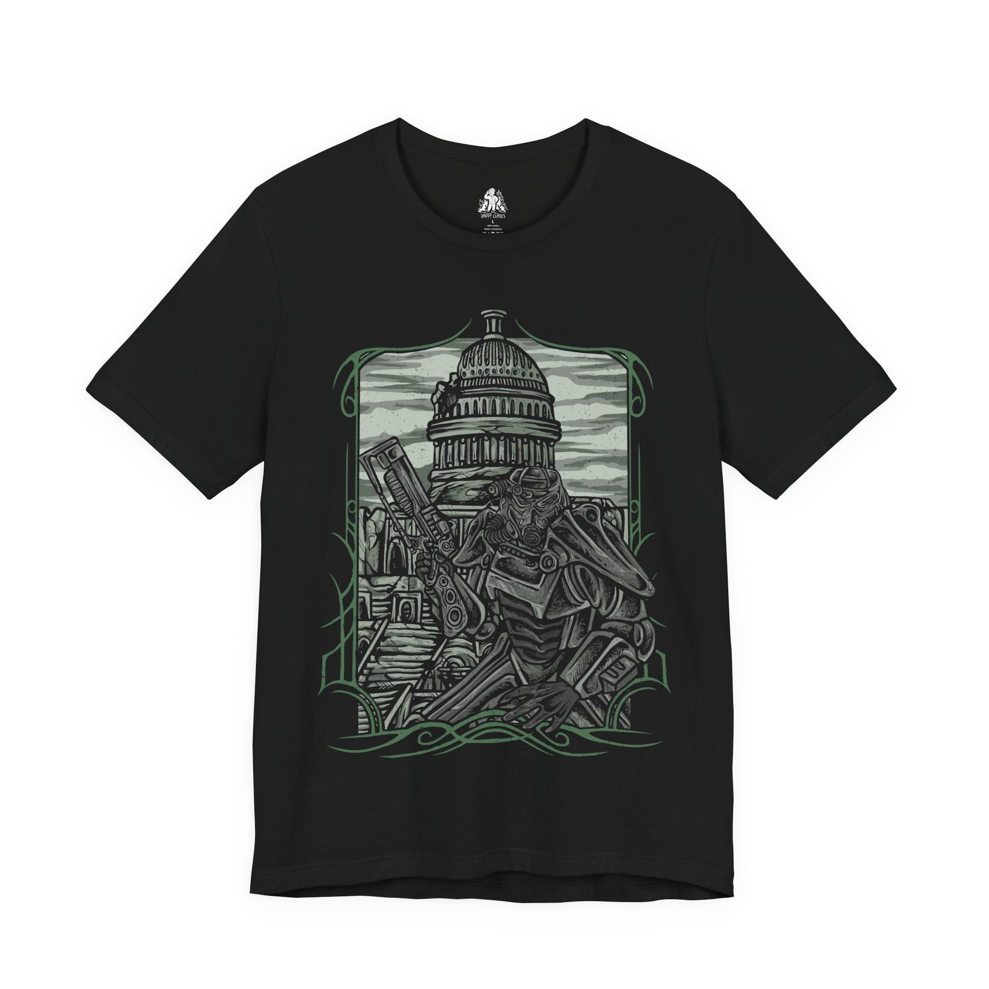 Image 4 of a T-Shirt design of the Brotherhood of Steel from Fallout 3, featuring heavily armored Paladins in iconic T-45d Power Armor marching through the ruined streets of the Capital Wasteland. Vertibirds soar overhead while the shattered skyline of Washington, D.C. looms beneath a smoke-filled sky. The design captures the Brotherhood’s unwavering mission to protect humanity and preserve advanced technology after nuclear devastation.
